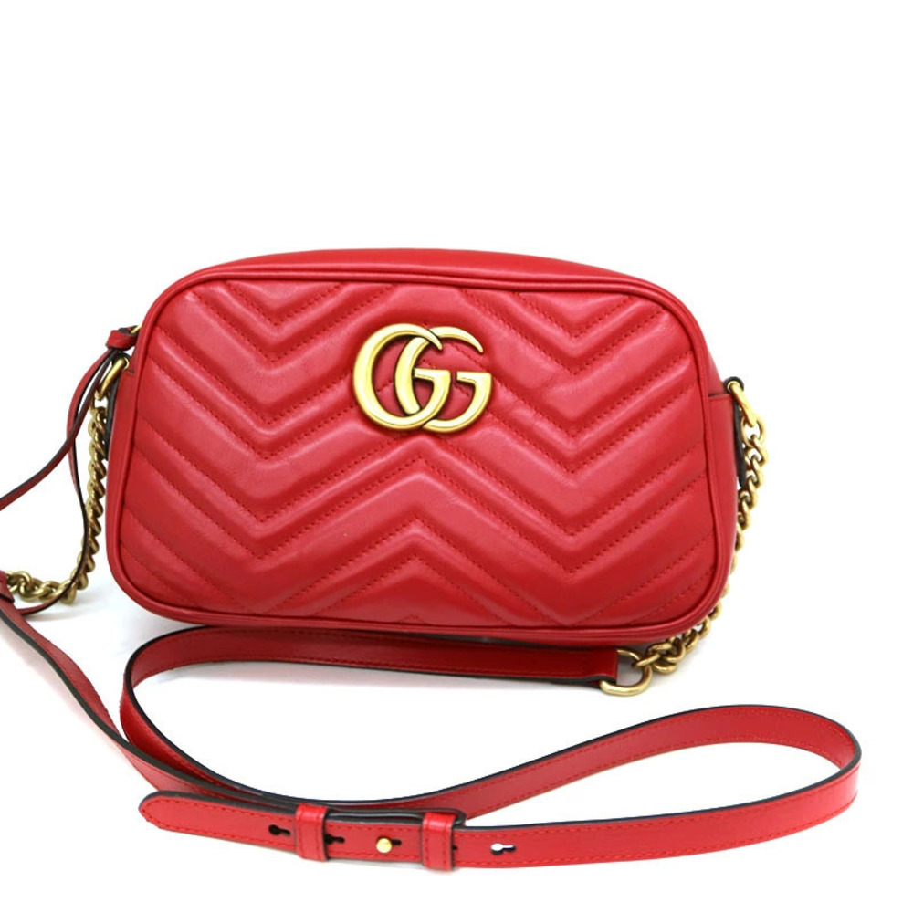 Gucci Red Marmont Leather Shoulder Bag Quilted GG